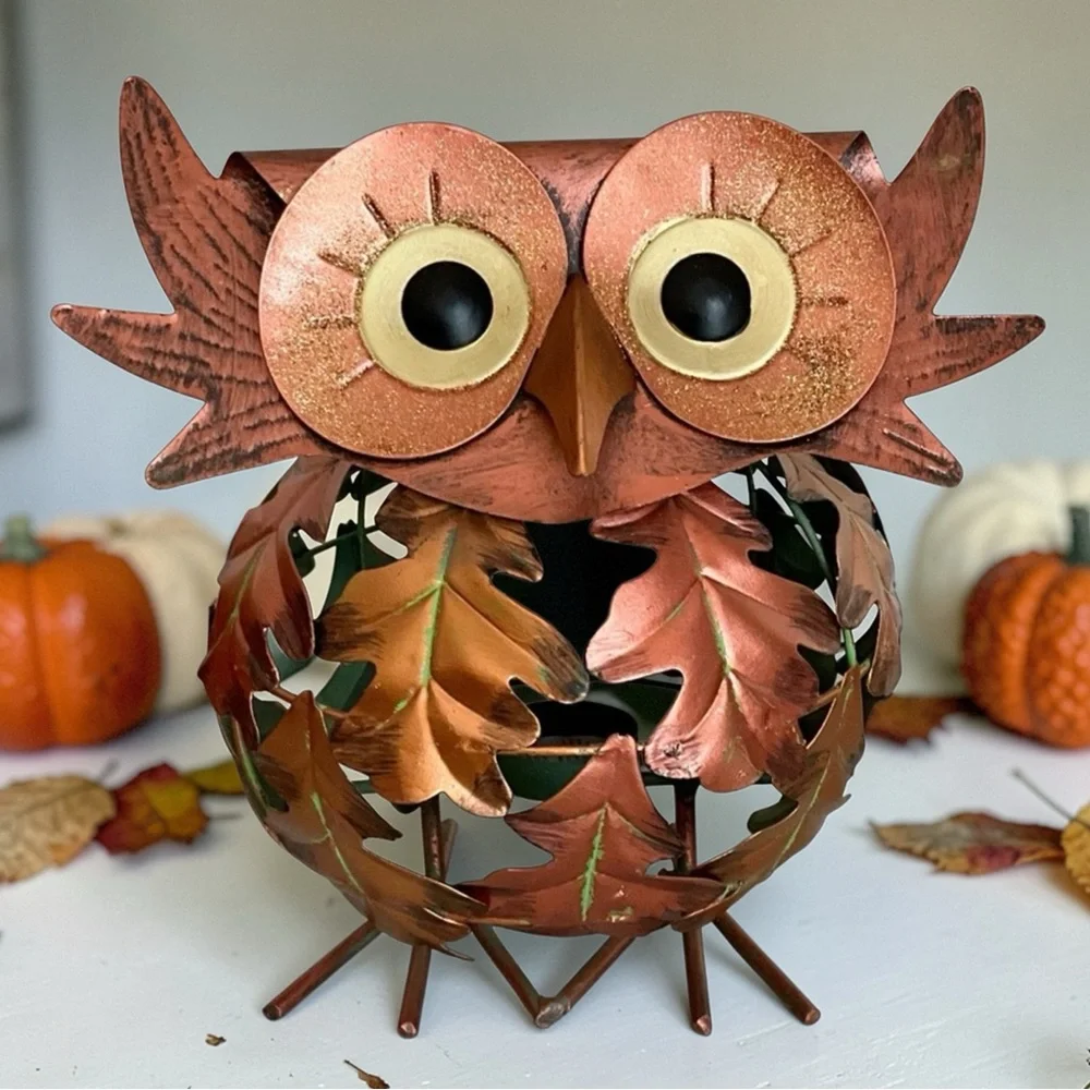 Pier 1 Fall Metal Owl Tealight Candle Holder Glitter Eyes